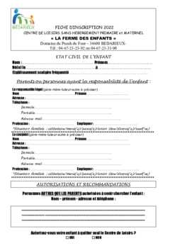 Fiche d'inscription ALSH 2022