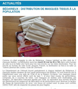 Lettre d'information Distribution gratuits des masques Bédarieux- n°405 - 22 mai 2020